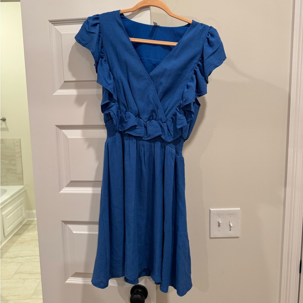 Blue ruffle linen dress